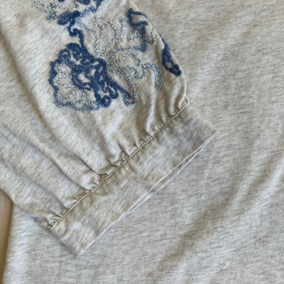 J. Jill PureJill Embroidered Jersey Top Cream Blue Puff Sleeve Peasant Blouse - Picture 12 of 16